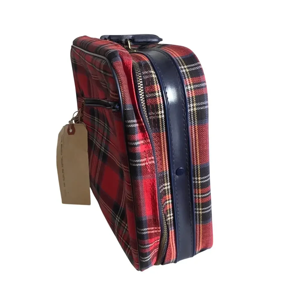 Vintage Red Plaid Travel Suitcase Carry On Luggage Train Case Locking
